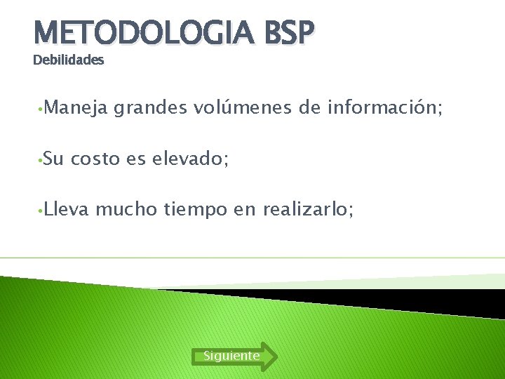 METODOLOGIA BSP Debilidades • Maneja • Su grandes volúmenes de información; costo es elevado; METODOLOGIA BSP Debilidades • Maneja • Su grandes volúmenes de información; costo es elevado;