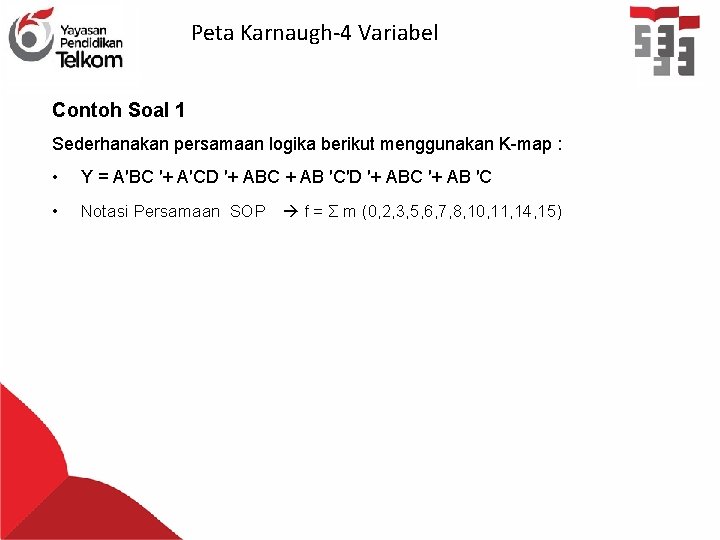 Peta Karnaugh-4 Variabel Contoh Soal 1 Sederhanakan persamaan logika berikut menggunakan K-map : •