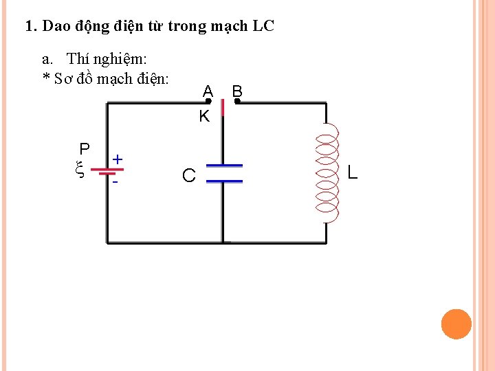 1. Dao động điện từ trong mạch LC a. Thí nghiệm: * Sơ đồ