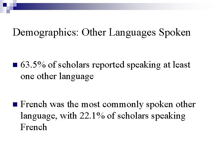 Demographics: Other Languages Spoken n 63. 5% of scholars reported speaking at least one