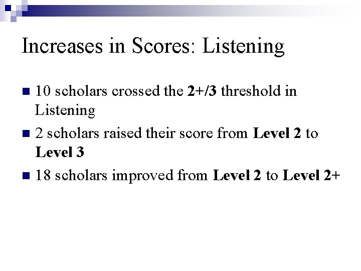 Increases in Scores: Listening 10 scholars crossed the 2+/3 threshold in Listening n 2