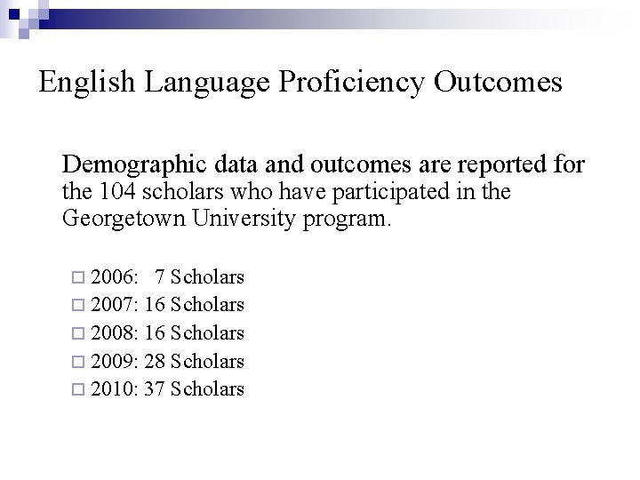 English Language Proficiency Outcomes Demographic data and outcomes are reported for the 104 scholars