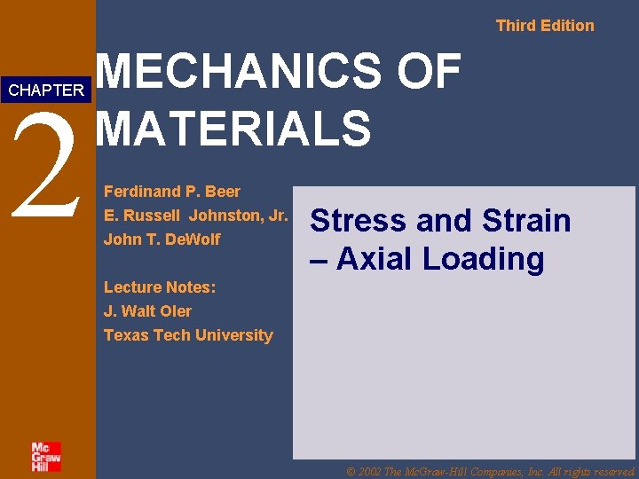 Third Edition 2 CHAPTER MECHANICS OF MATERIALS Ferdinand P. Beer E. Russell Johnston, Jr. Third Edition 2 CHAPTER MECHANICS OF MATERIALS Ferdinand P. Beer E. Russell Johnston, Jr.