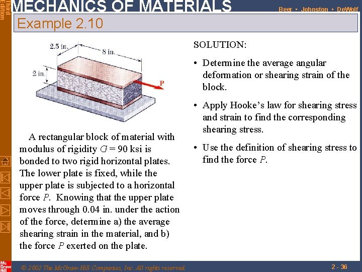 Third Edition MECHANICS OF MATERIALS Beer • Johnston • De. Wolf Example 2. 10 Third Edition MECHANICS OF MATERIALS Beer • Johnston • De. Wolf Example 2. 10
