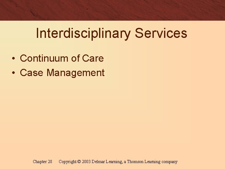 Interdisciplinary Services • Continuum of Care • Case Management Chapter 28 Copyright © 2003