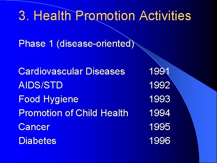 3. Health Promotion Activities Phase 1 (disease-oriented) Cardiovascular Diseases AIDS/STD Food Hygiene Promotion of