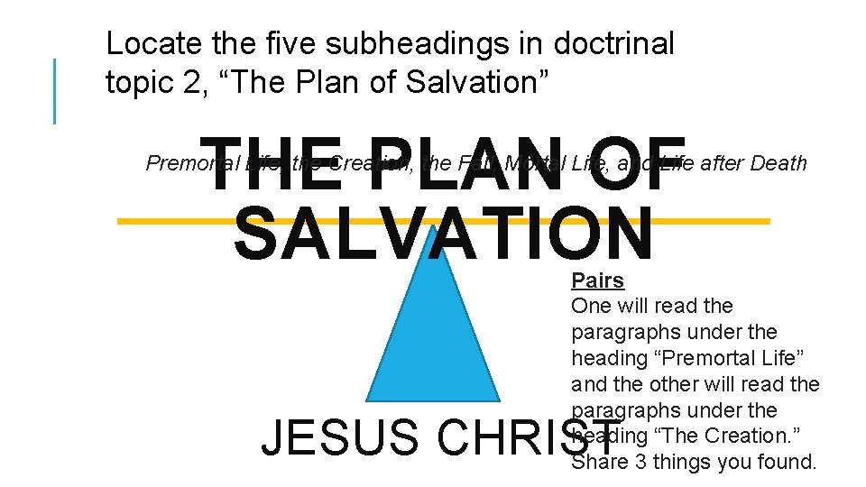 Locate the five subheadings in doctrinal topic 2, “The Plan of Salvation” THE PLAN