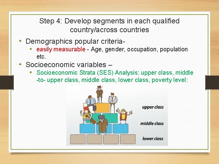 Step 4: Develop segments in each qualified country/across countries • Demographics popular criteria- •