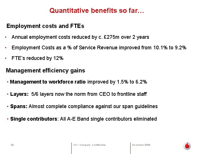  Quantitative benefits so far… Employment costs and FTEs • Annual employment costs reduced