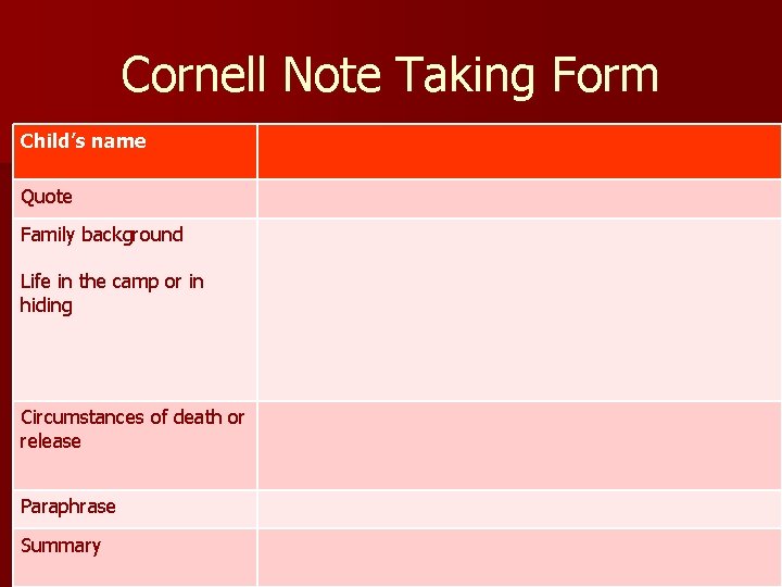 Cornell Note Taking Form Child’s name Quote Family background Life in the camp or