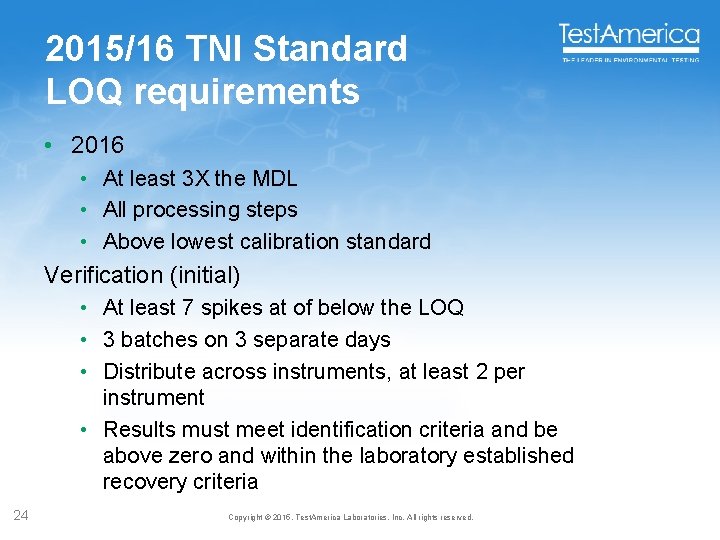 2015/16 TNI Standard LOQ requirements • 2016 • At least 3 X the MDL