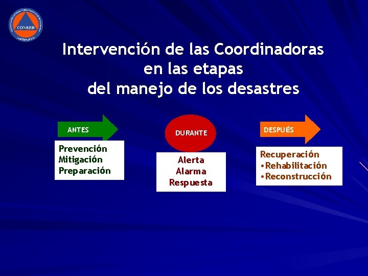 Intervención de las Coordinadoras en las etapas del manejo de los desastres ANTES Prevención