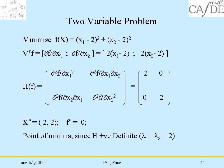 Two Variable Problem Minimise f(X) = (x 1 - 2)2 + (x 2 -