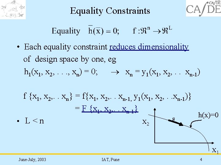 Equality Constraints • Each equality constraint reduces dimensionality of design space by one, eg