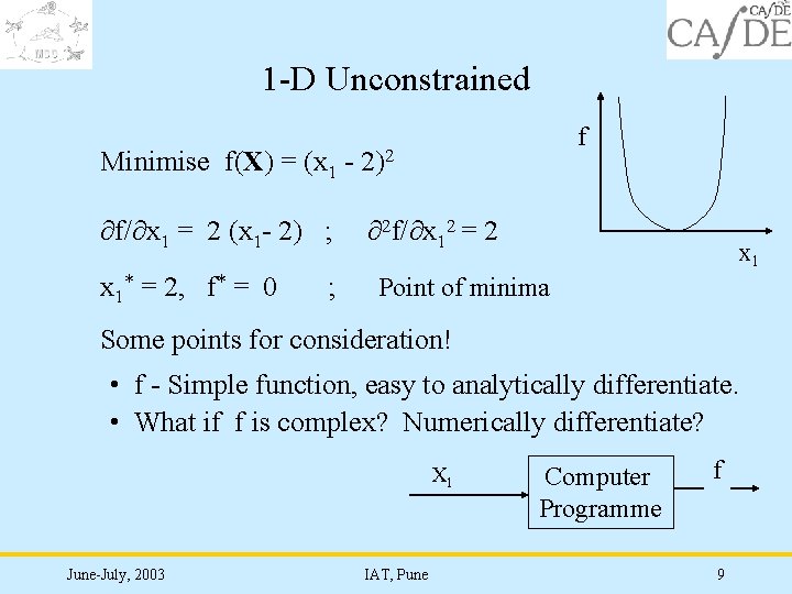 1 -D Unconstrained f Minimise f(X) = (x 1 - 2)2 f/ x 1