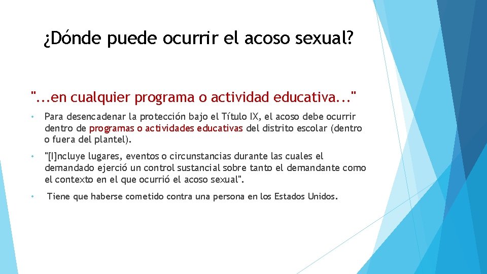 ¿Dónde puede ocurrir el acoso sexual? ". . . en cualquier programa o actividad