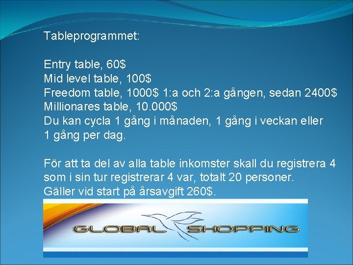 Tableprogrammet: Entry table, 60$ Mid level table, 100$ Freedom table, 1000$ 1: a och