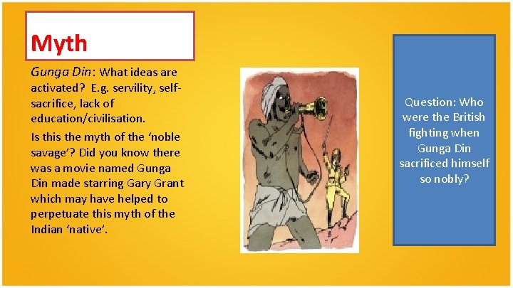 Myth Gunga Din: What ideas are activated? E. g. servility, selfsacrifice, lack of education/civilisation. Myth Gunga Din: What ideas are activated? E. g. servility, selfsacrifice, lack of education/civilisation.