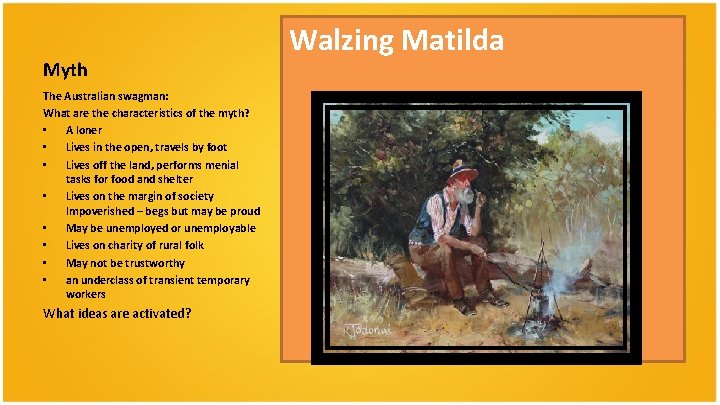 Myth The Australian swagman: What are the characteristics of the myth? • A loner Myth The Australian swagman: What are the characteristics of the myth? • A loner
