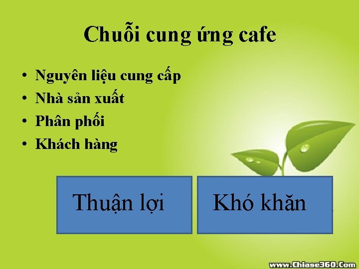 Chuỗi cung ứng cafe • • Nguyên liệu cung cấp Nhà sản xuất Phân