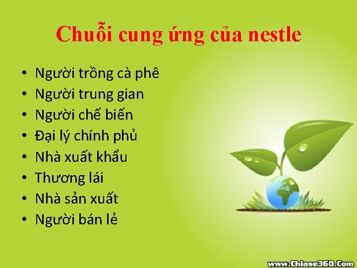 Chuỗi cung ứng của nestle • • Người trồng cà phê Người trung gian