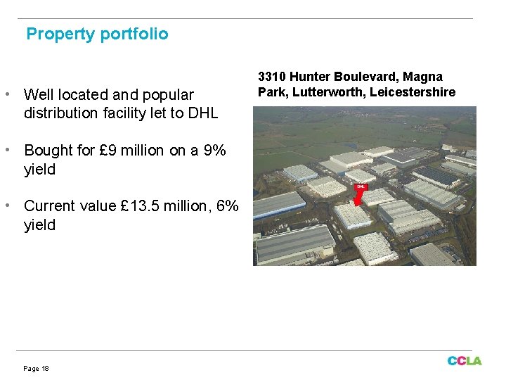 Property portfolio • Well located and popular distribution facility let to DHL • Bought