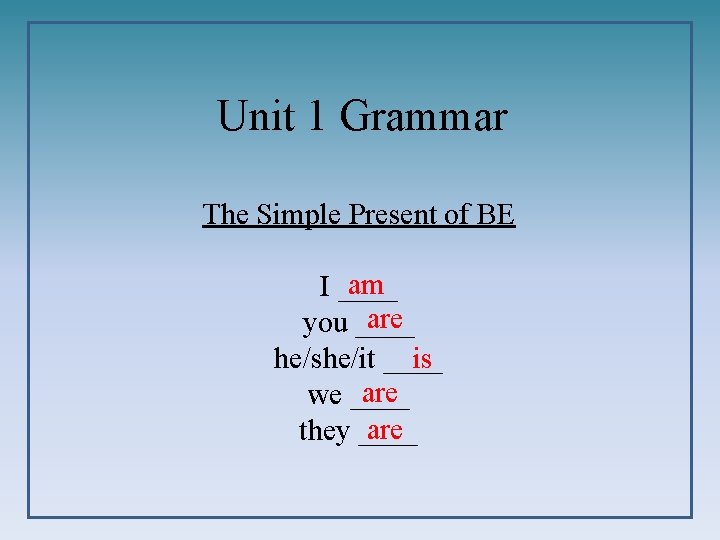 Unit 1 Grammar The Simple Present of BE am I ____ are you ____