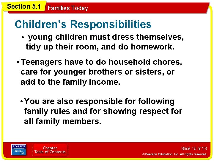 Section 5. 1 Families Today Children’s Responsibilities • young children must dress themselves, tidy