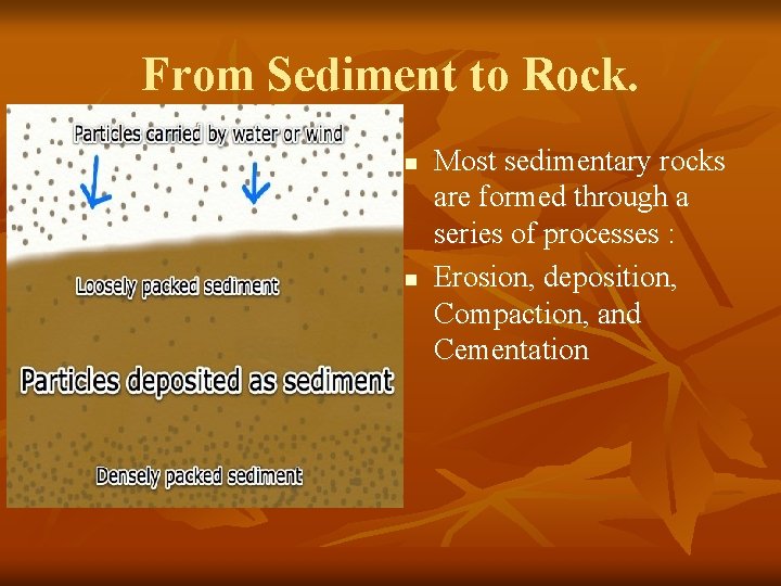 From Sediment to Rock. n n Most sedimentary rocks are formed through a series