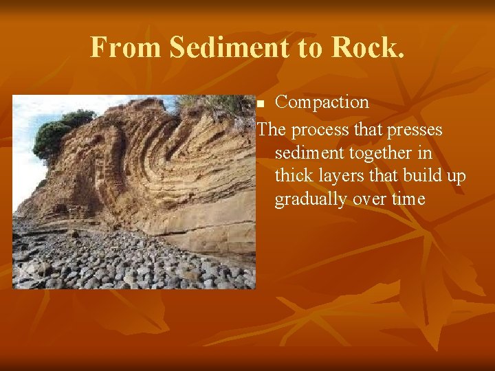 From Sediment to Rock. Compaction The process that presses sediment together in thick layers