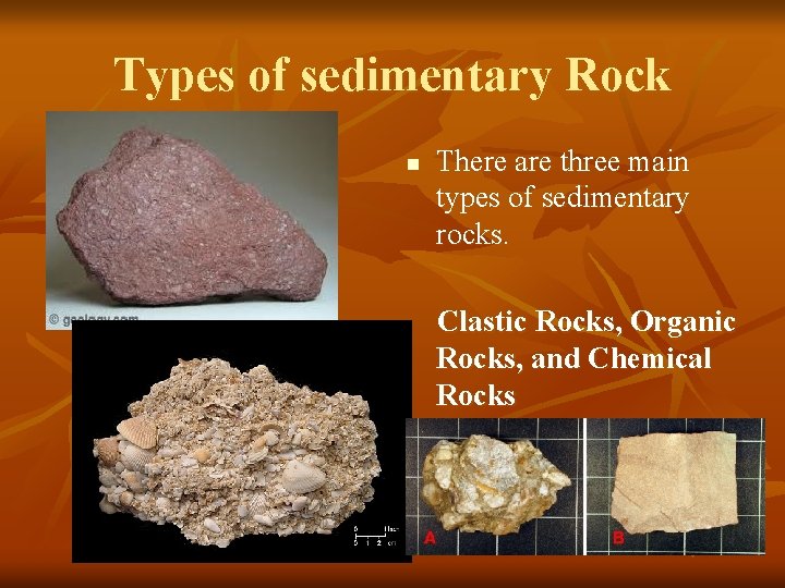Types of sedimentary Rock n There are three main types of sedimentary rocks. Clastic