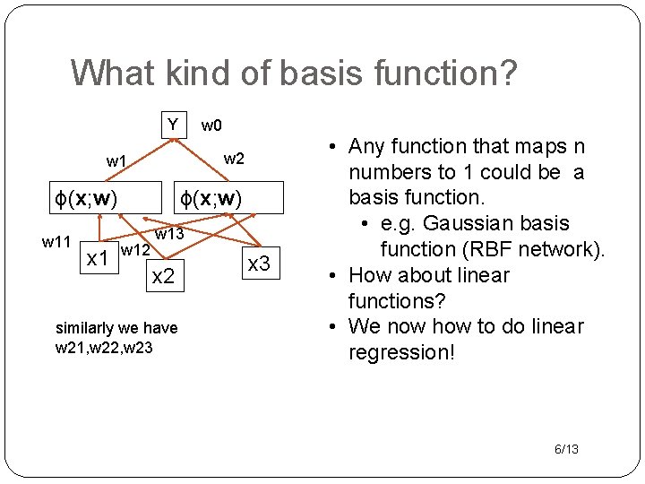 What kind of basis function? Y w 0 w 2 w 1 ϕ(x; w) What kind of basis function? Y w 0 w 2 w 1 ϕ(x; w)