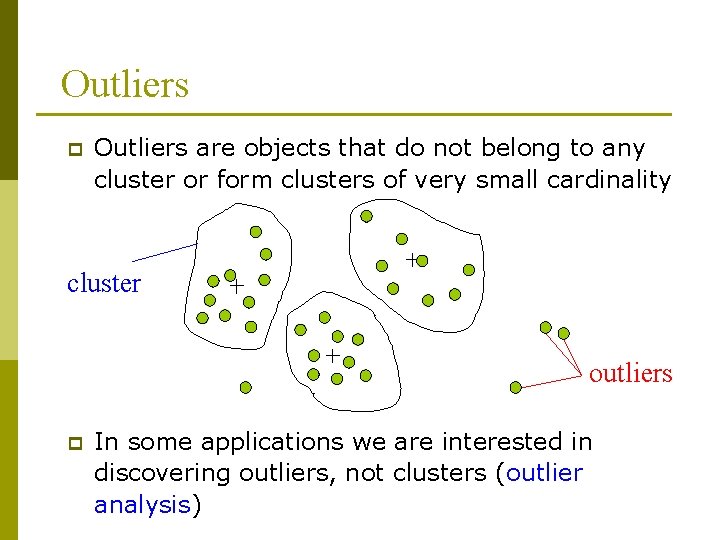 Outliers p Outliers are objects that do not belong to any cluster or form