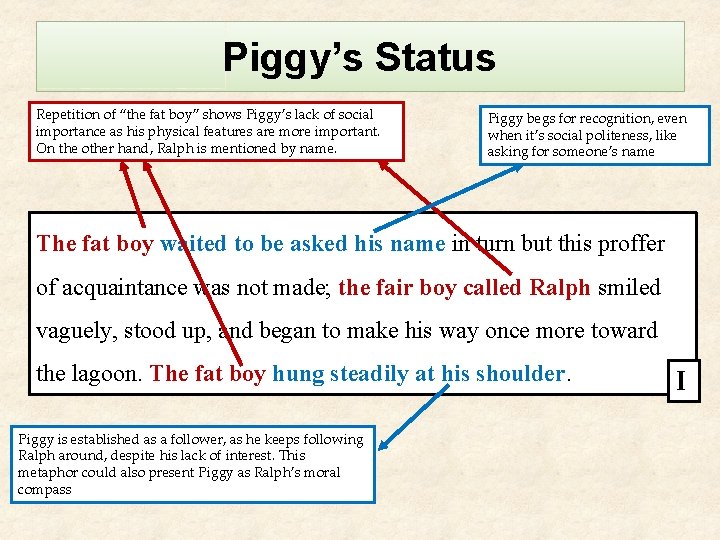 Piggy’s Status Repetition of “the fat boy” shows Piggy’s lack of social importance as