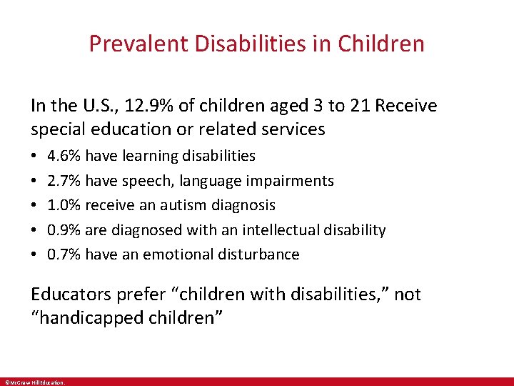 Prevalent Disabilities in Children In the U. S. , 12. 9% of children aged