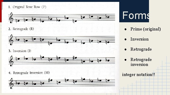 (P) Forms ● Prime (original) ● Inversion ● Retrograde inversion integer notation!! 