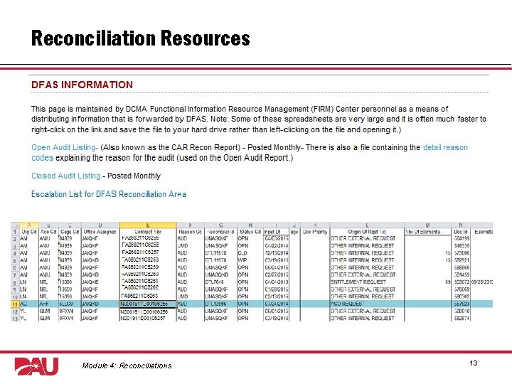 Reconciliation Resources Graphic: screenshot from DFAS website. Module 4: Reconciliations 13 