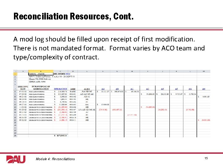 Reconciliation Resources, Cont. A mod log should be filled upon receipt of first modification.