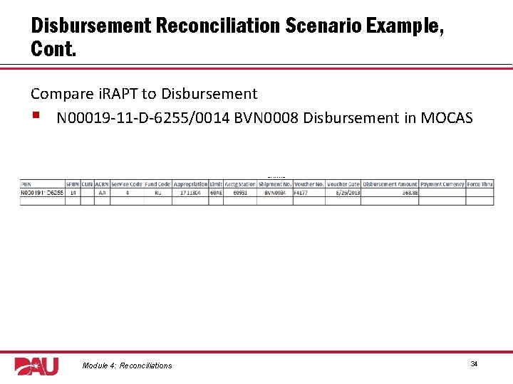 Disbursement Reconciliation Scenario Example, Cont. Graphic: screenshot of i. RAPT. Compare i. RAPT to