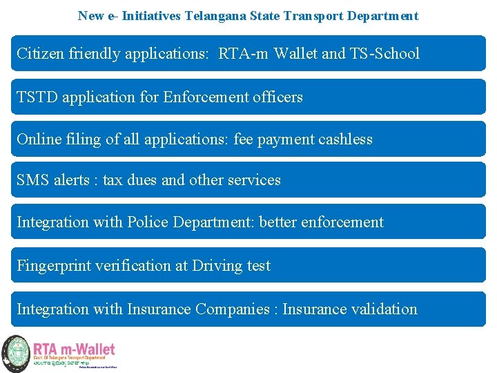 New e- Initiatives Telangana State Transport Department Citizen friendly applications: RTA-m Wallet and TS-School