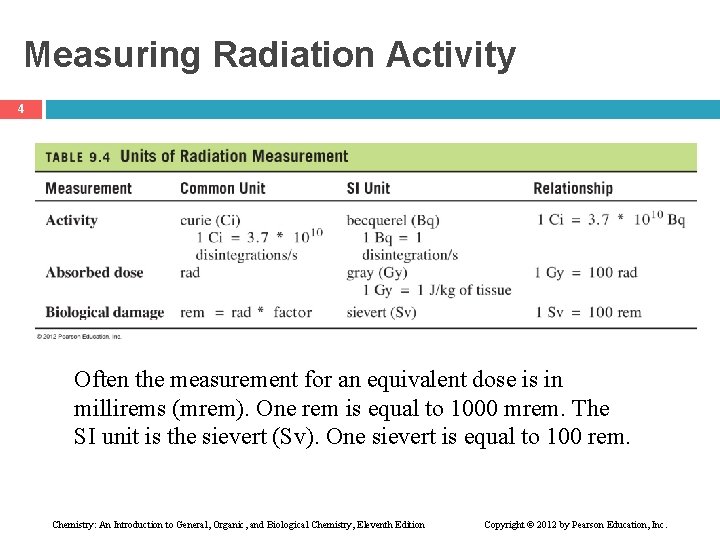 Measuring Radiation Activity 4 Often the measurement for an equivalent dose is in millirems