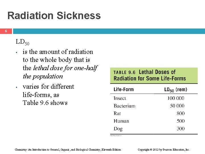 Radiation Sickness 6 LD 50 • is the amount of radiation to the whole