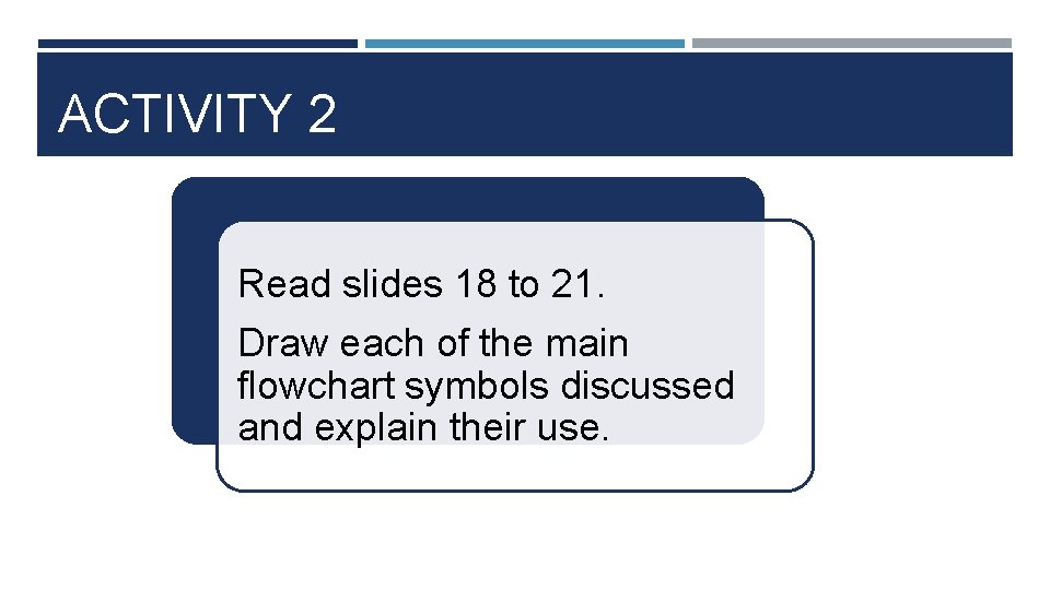 ACTIVITY 2 Read slides 18 to 21. Draw each of the main flowchart symbols ACTIVITY 2 Read slides 18 to 21. Draw each of the main flowchart symbols