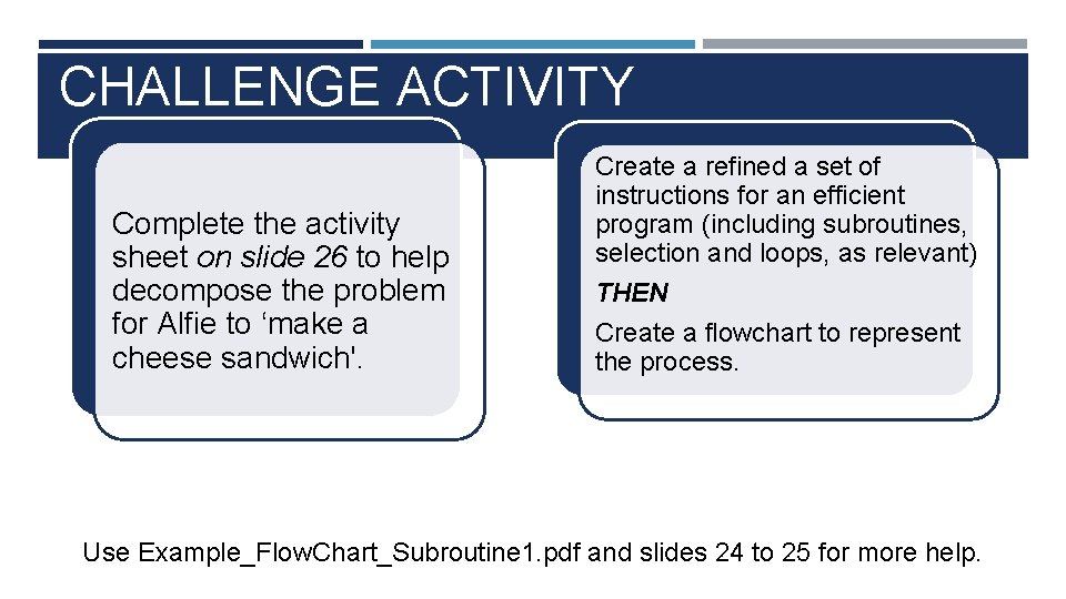 CHALLENGE ACTIVITY Complete the activity sheet on slide 26 to help decompose the problem CHALLENGE ACTIVITY Complete the activity sheet on slide 26 to help decompose the problem