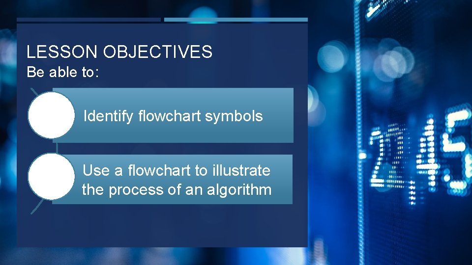 LESSON OBJECTIVES Be able to: Identify flowchart symbols Use a flowchart to illustrate the LESSON OBJECTIVES Be able to: Identify flowchart symbols Use a flowchart to illustrate the