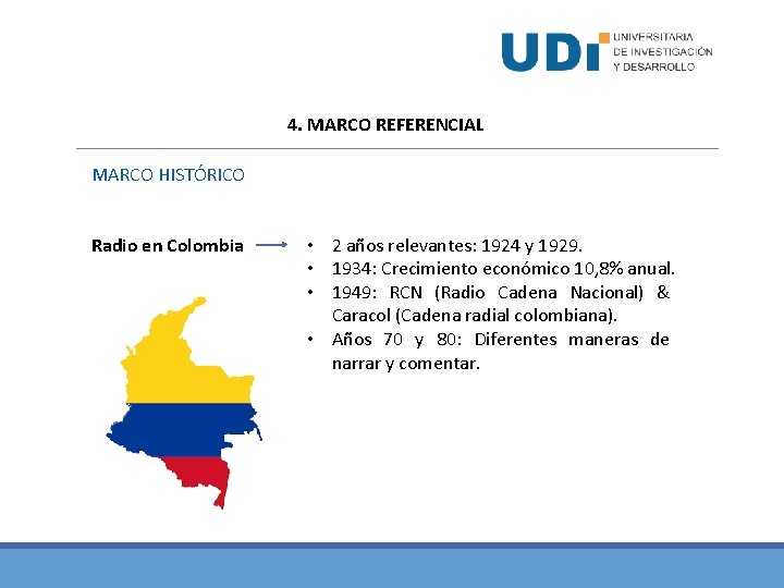 4. MARCO REFERENCIAL MARCO HISTÓRICO Radio en Colombia • 2 años relevantes: 1924 y