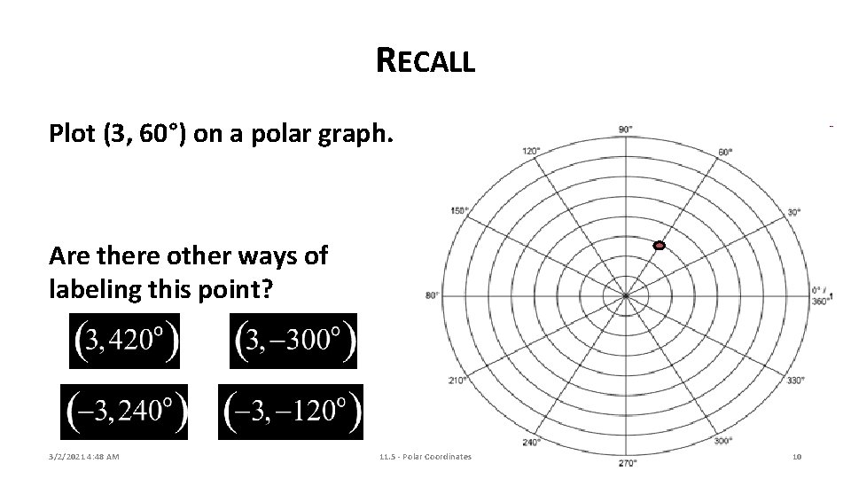 RECALL Plot (3, 60°) on a polar graph. Are there other ways of labeling