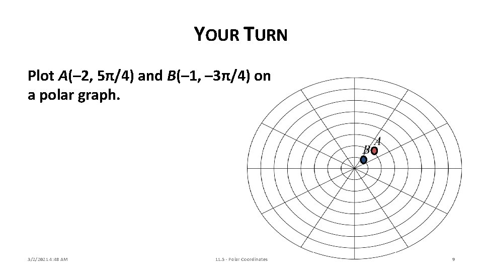 YOUR TURN Plot A(– 2, 5π/4) and B(– 1, – 3π/4) on a polar