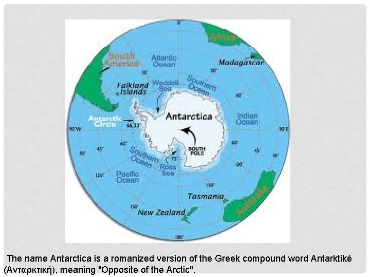  The name Antarctica is a romanized version of the Greek compound word Αntarktiké