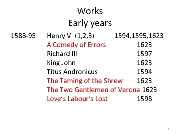 Works Early years 1588 -95 Henry VI (1, 2, 3) 1594, 1595, 1623 A Works Early years 1588 -95 Henry VI (1, 2, 3) 1594, 1595, 1623 A